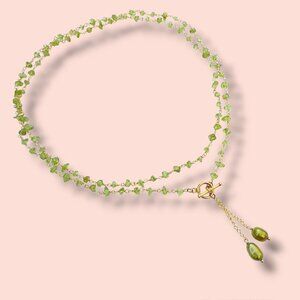 Green Peridot Necklace Freshwater Pearl Tassel Pendant Wire Wrapped 36in OOAK